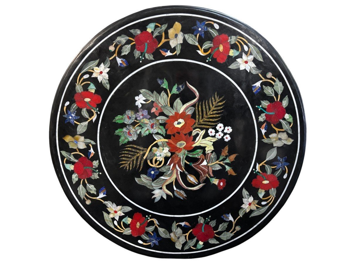 Large Round Italian Pietra Dura Table Top With Floral, 20thc.-photo-8