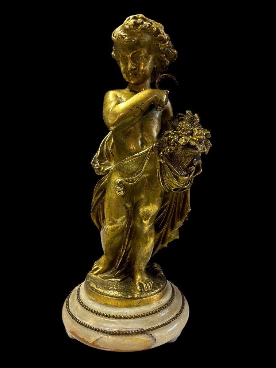 Beautiful Bronze Sculpture Of Putti With Fruit Basket "summer" 19thc.-photo-2