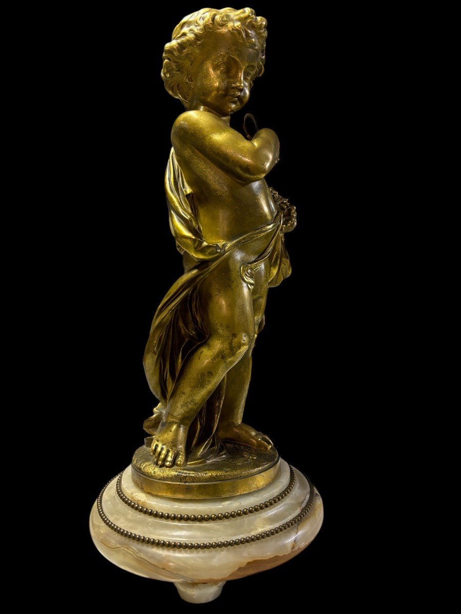 Jolie Sculpture En Bronze De Putti Avec Corbeille De Fruits « été »19ème.-photo-3