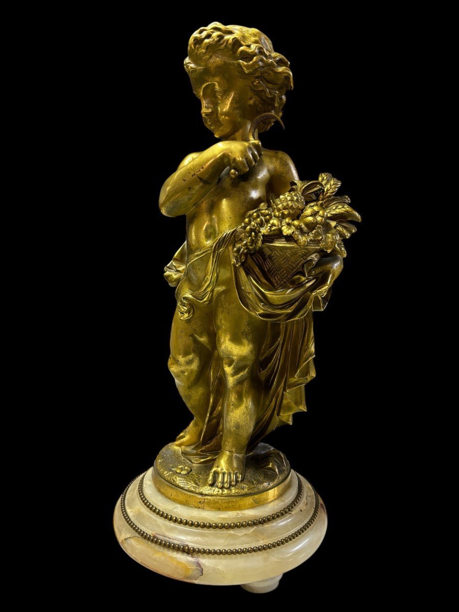 Jolie Sculpture En Bronze De Putti Avec Corbeille De Fruits « été »19ème.-photo-4