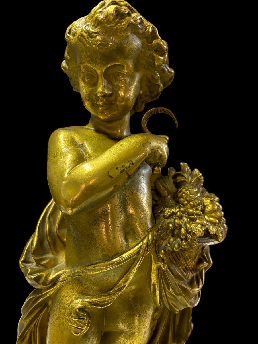 Jolie Sculpture En Bronze De Putti Avec Corbeille De Fruits « été »19ème.-photo-1