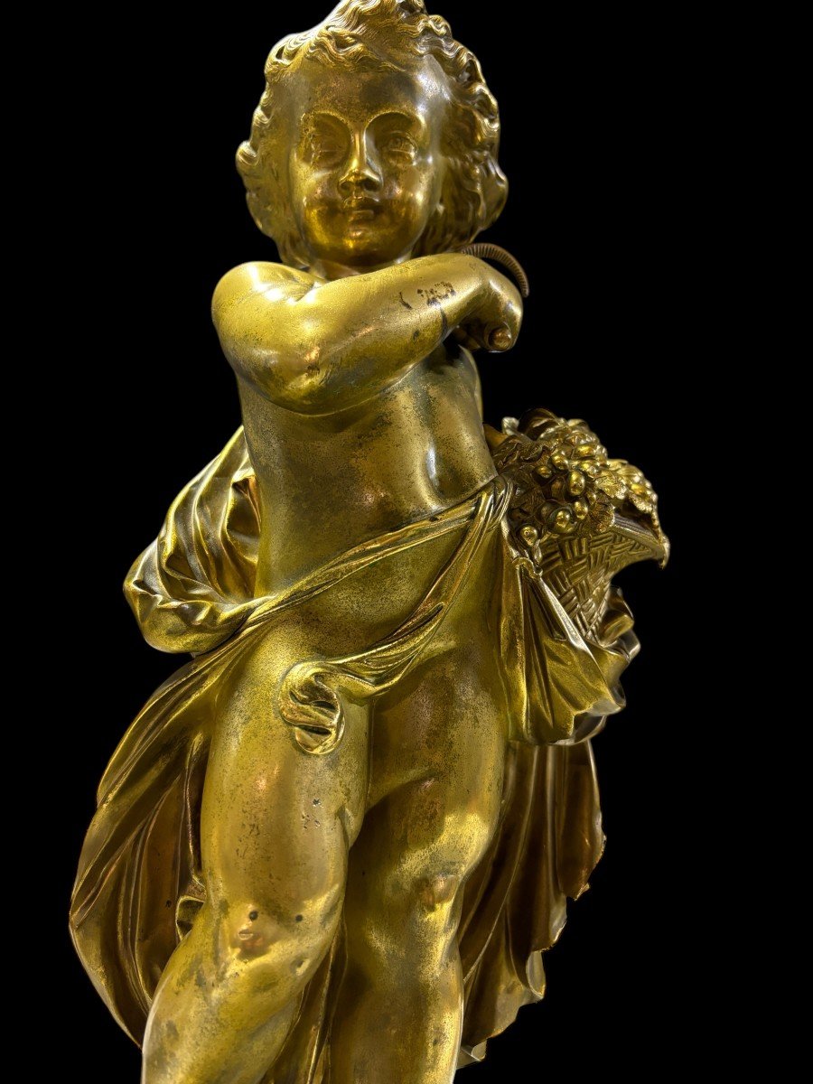 Jolie Sculpture En Bronze De Putti Avec Corbeille De Fruits « été »19ème.-photo-7