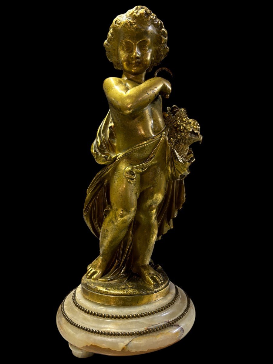 Jolie Sculpture En Bronze De Putti Avec Corbeille De Fruits « été »19ème.