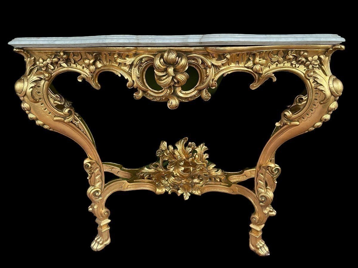 Grande Console à 4 Pieds De Style Louis XV En Bois Doré/stuc 19ème.-photo-2