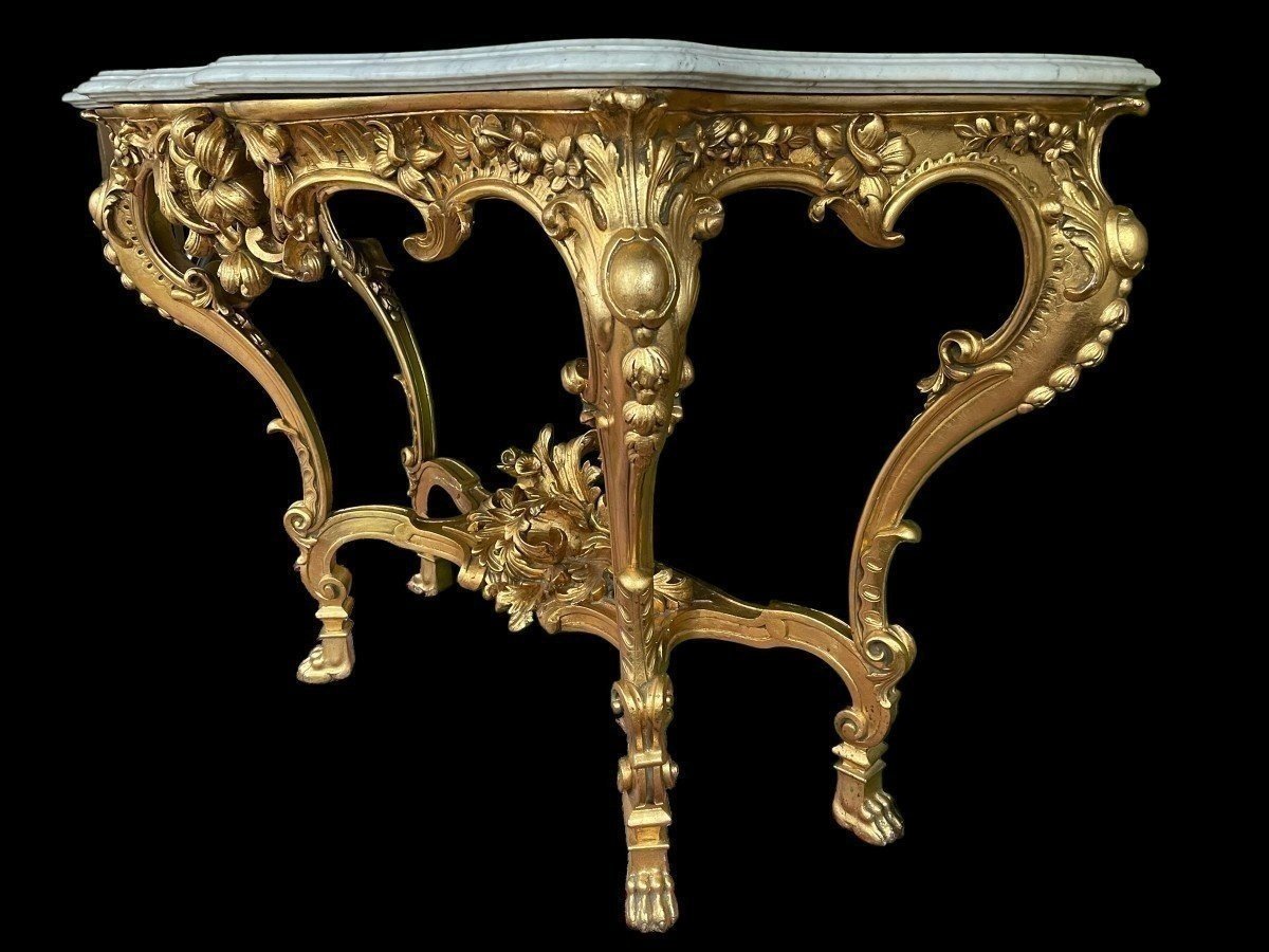 Grande Console à 4 Pieds De Style Louis XV En Bois Doré/stuc 19ème.-photo-3