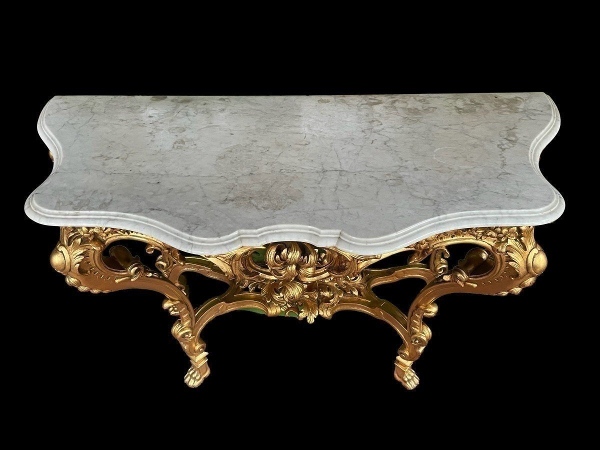 Grande Console à 4 Pieds De Style Louis XV En Bois Doré/stuc 19ème.-photo-4