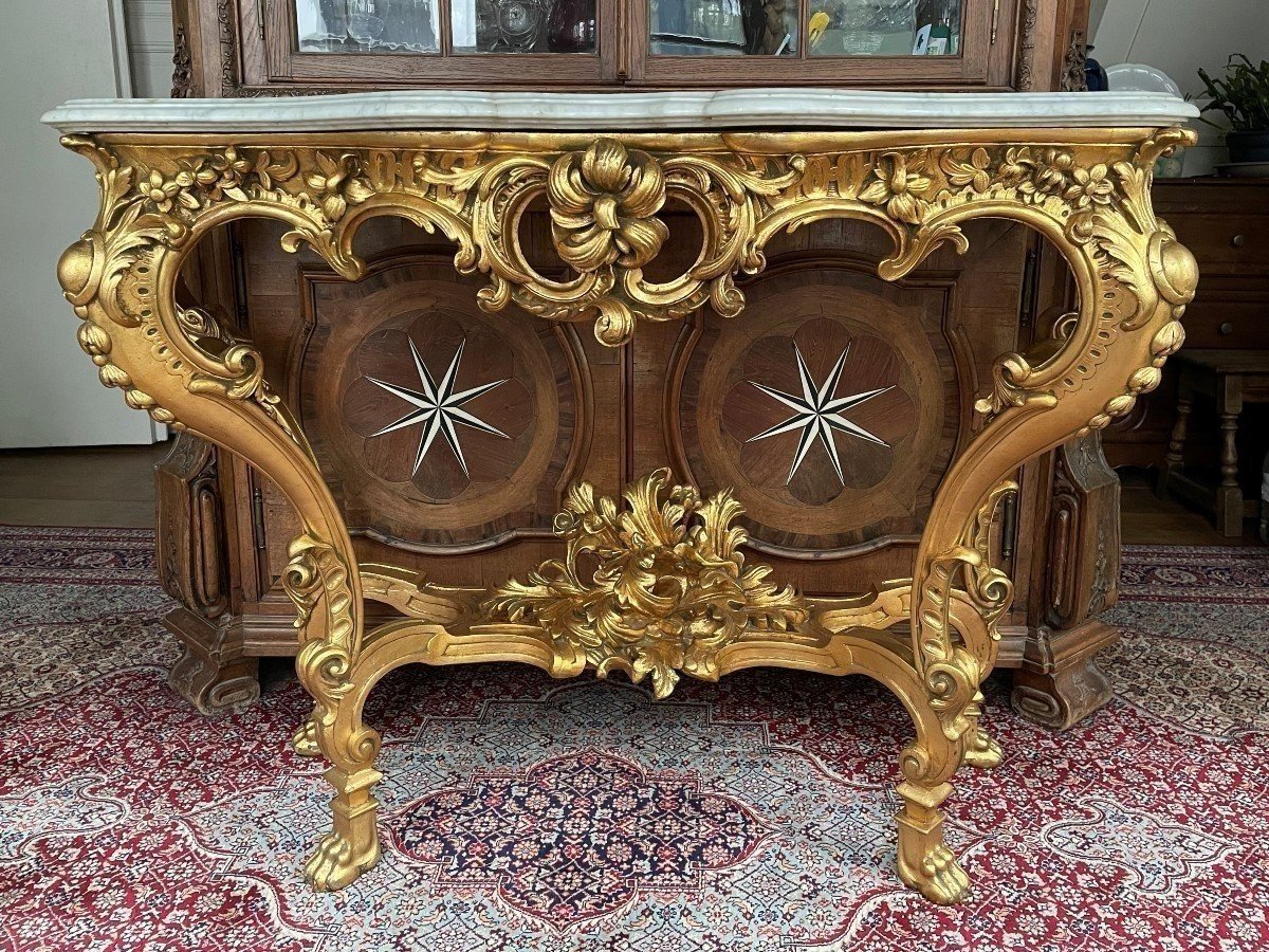 Grande Console à 4 Pieds De Style Louis XV En Bois Doré/stuc 19ème.-photo-1