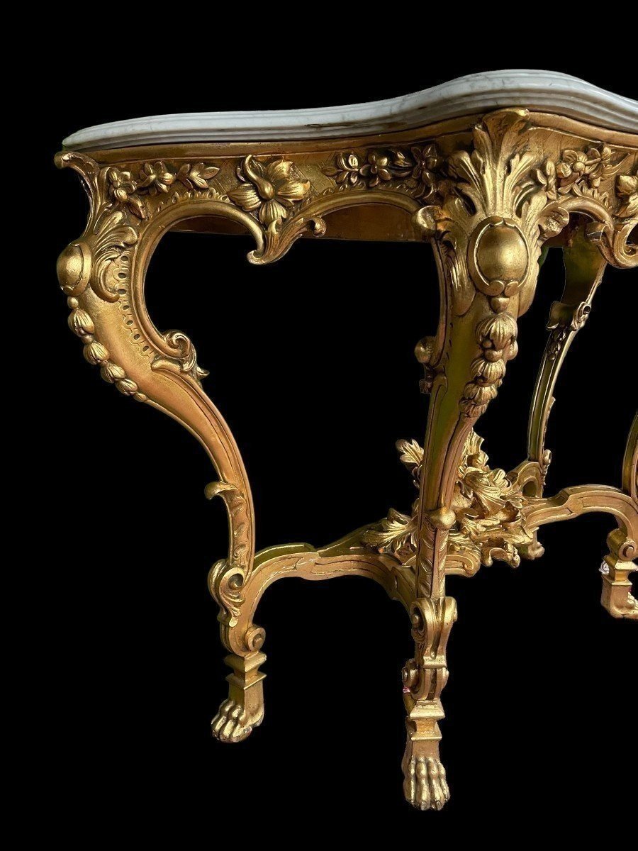 Grande Console à 4 Pieds De Style Louis XV En Bois Doré/stuc 19ème.-photo-2