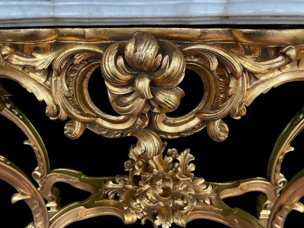 Grande Console à 4 Pieds De Style Louis XV En Bois Doré/stuc 19ème.-photo-3