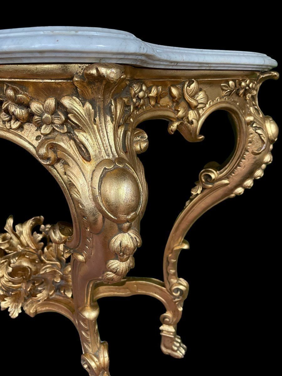 Grande Console à 4 Pieds De Style Louis XV En Bois Doré/stuc 19ème.-photo-4