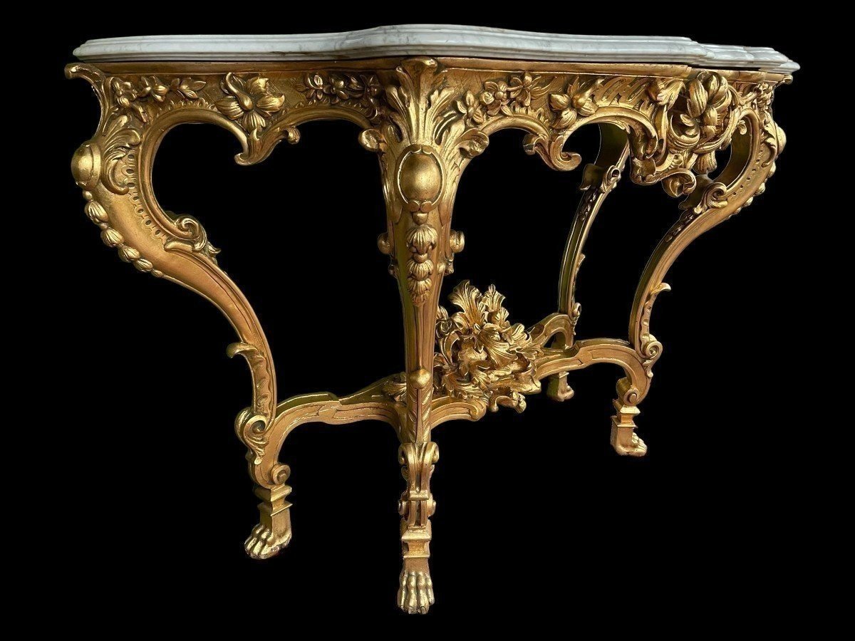 Grande Console à 4 Pieds De Style Louis XV En Bois Doré/stuc 19ème.