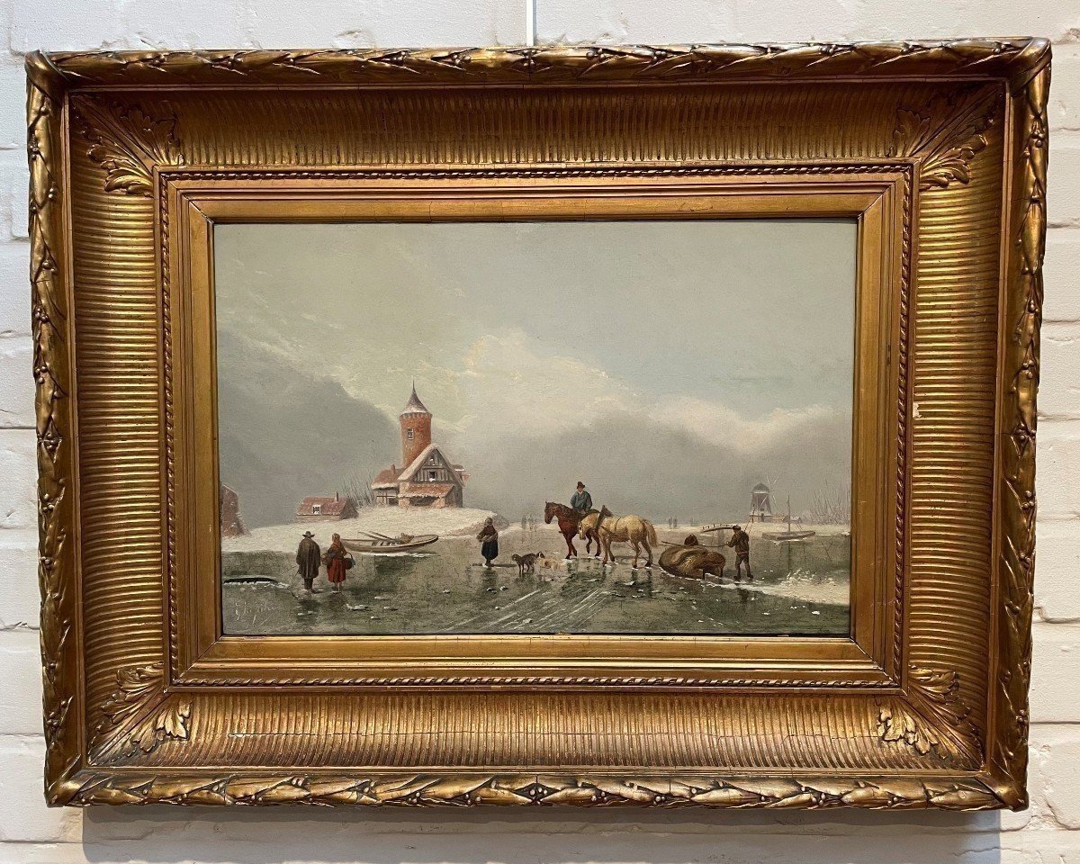 Painting Winter Landscape "on The Ice" Oil On Panel 19thc.-photo-2