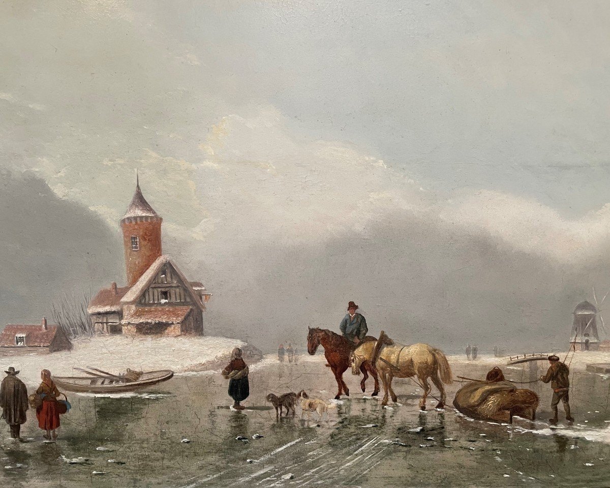 Peinture Paysage d'Hiver " Sur La Glace " Huile Sur Panneau 19ème.