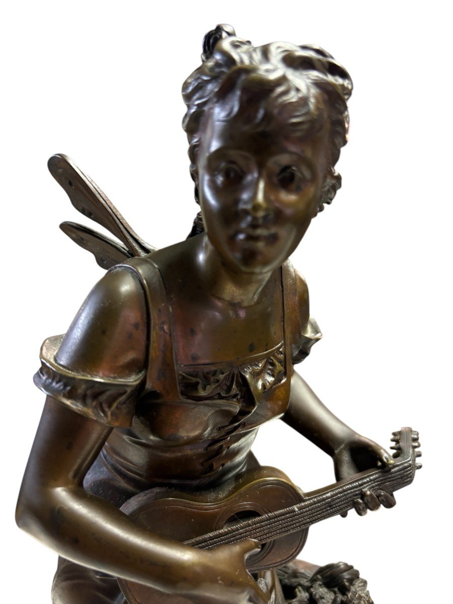 Beautiful Sculpture “young Fairy With Guitar” In Bronze From The Early 20th Century.-photo-2