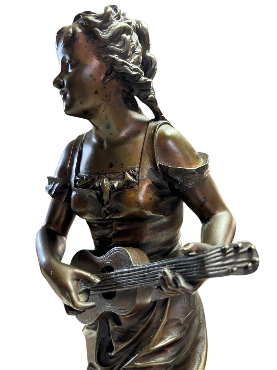 Beautiful Sculpture “young Fairy With Guitar” In Bronze From The Early 20th Century.-photo-2