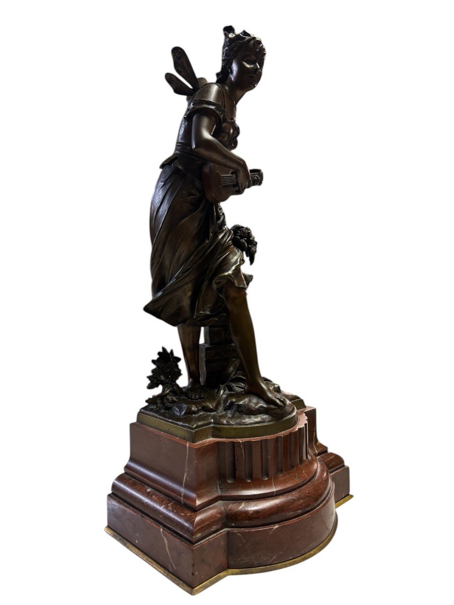 Beautiful Sculpture “young Fairy With Guitar” In Bronze From The Early 20th Century.-photo-7