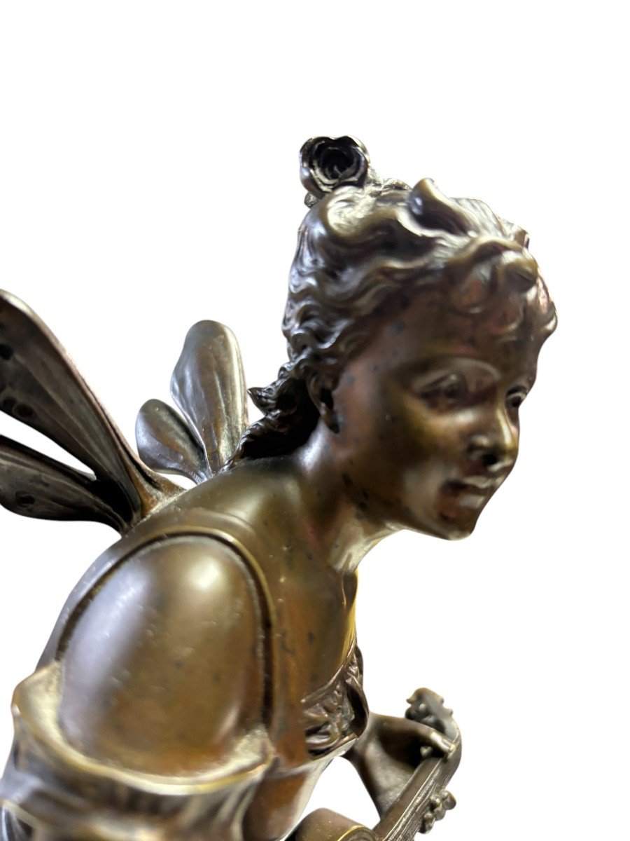 Beautiful Sculpture “young Fairy With Guitar” In Bronze From The Early 20th Century.-photo-8