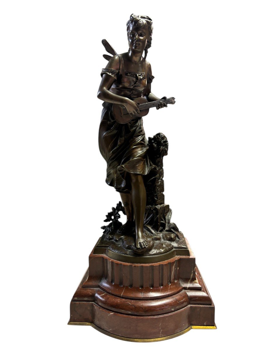 Beautiful Sculpture “young Fairy With Guitar” In Bronze From The Early 20th Century.