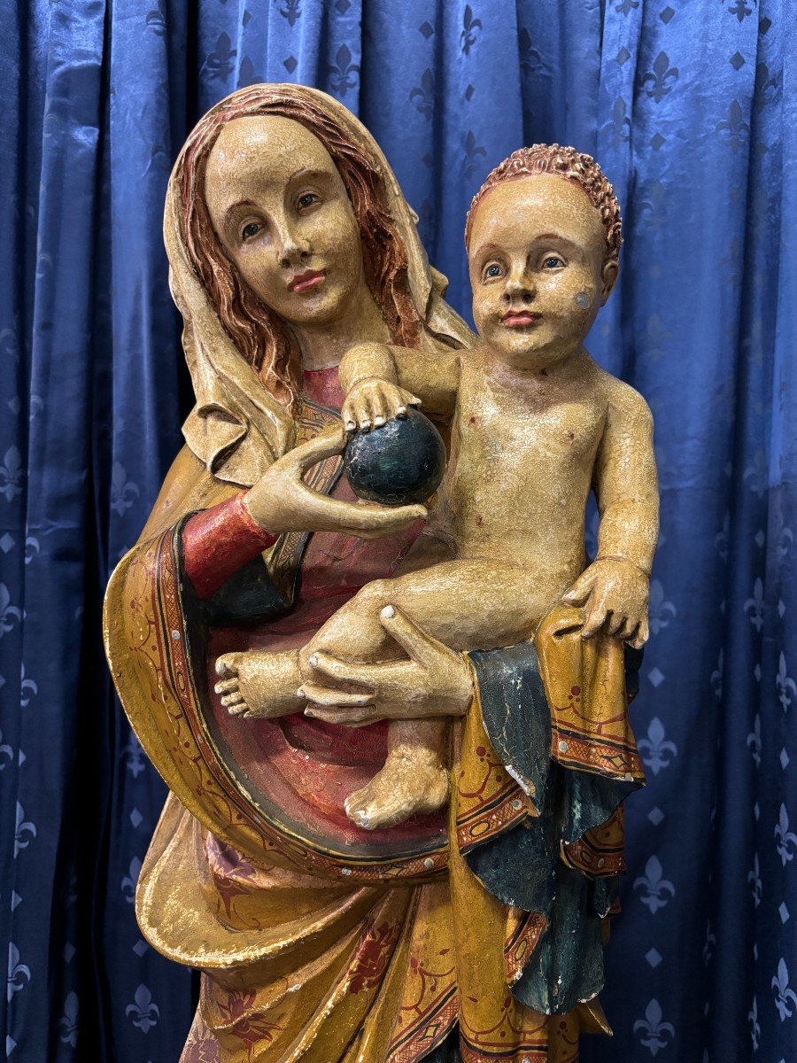 Sculpture En Bois Polychrome Madone Et Enfant 19ème. ( 88 Cm )-photo-2