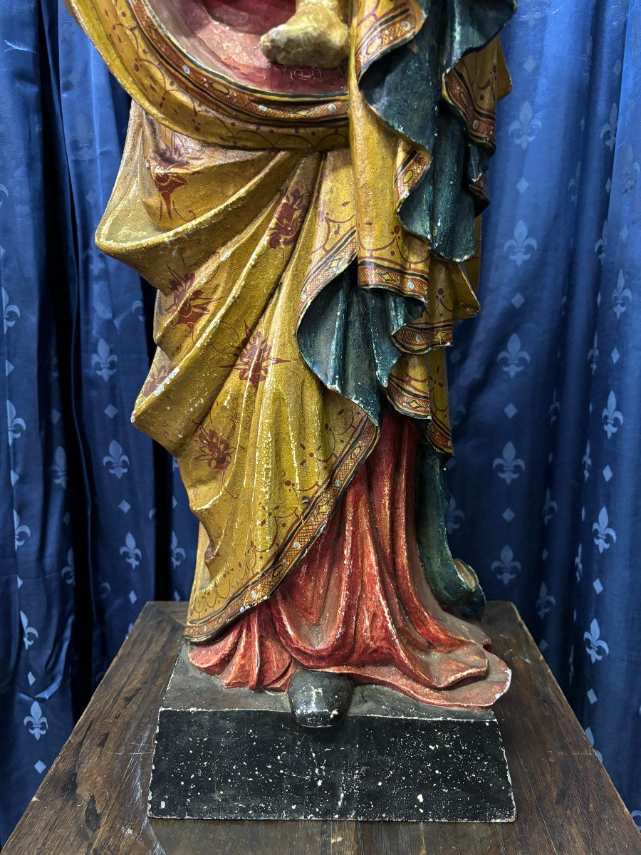 Sculpture En Bois Polychrome Madone Et Enfant 19ème. ( 88 Cm )-photo-3