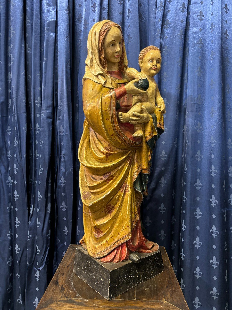 Sculpture En Bois Polychrome Madone Et Enfant 19ème. ( 88 Cm )-photo-4