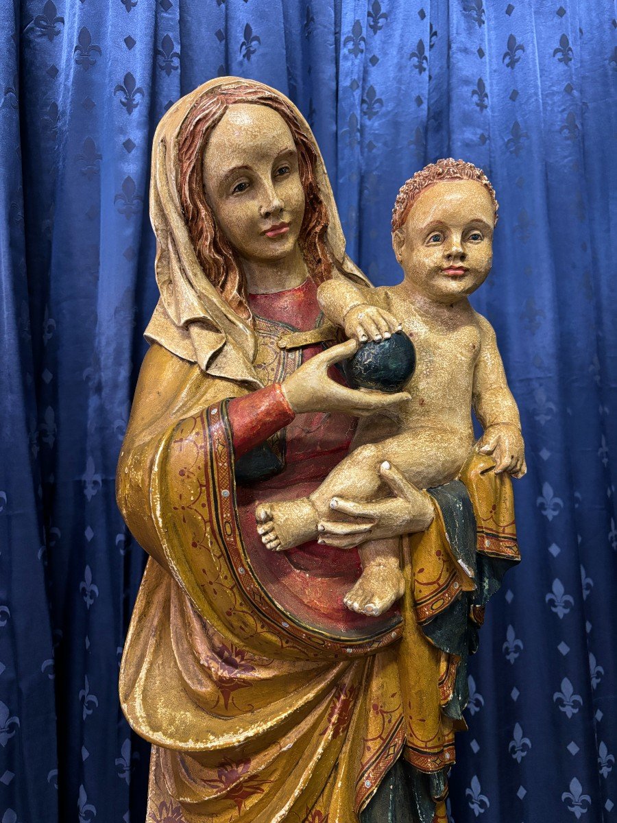 Polychrome Wooden Sculpture Madonna And Child 19th Century. (88 Cm)-photo-1