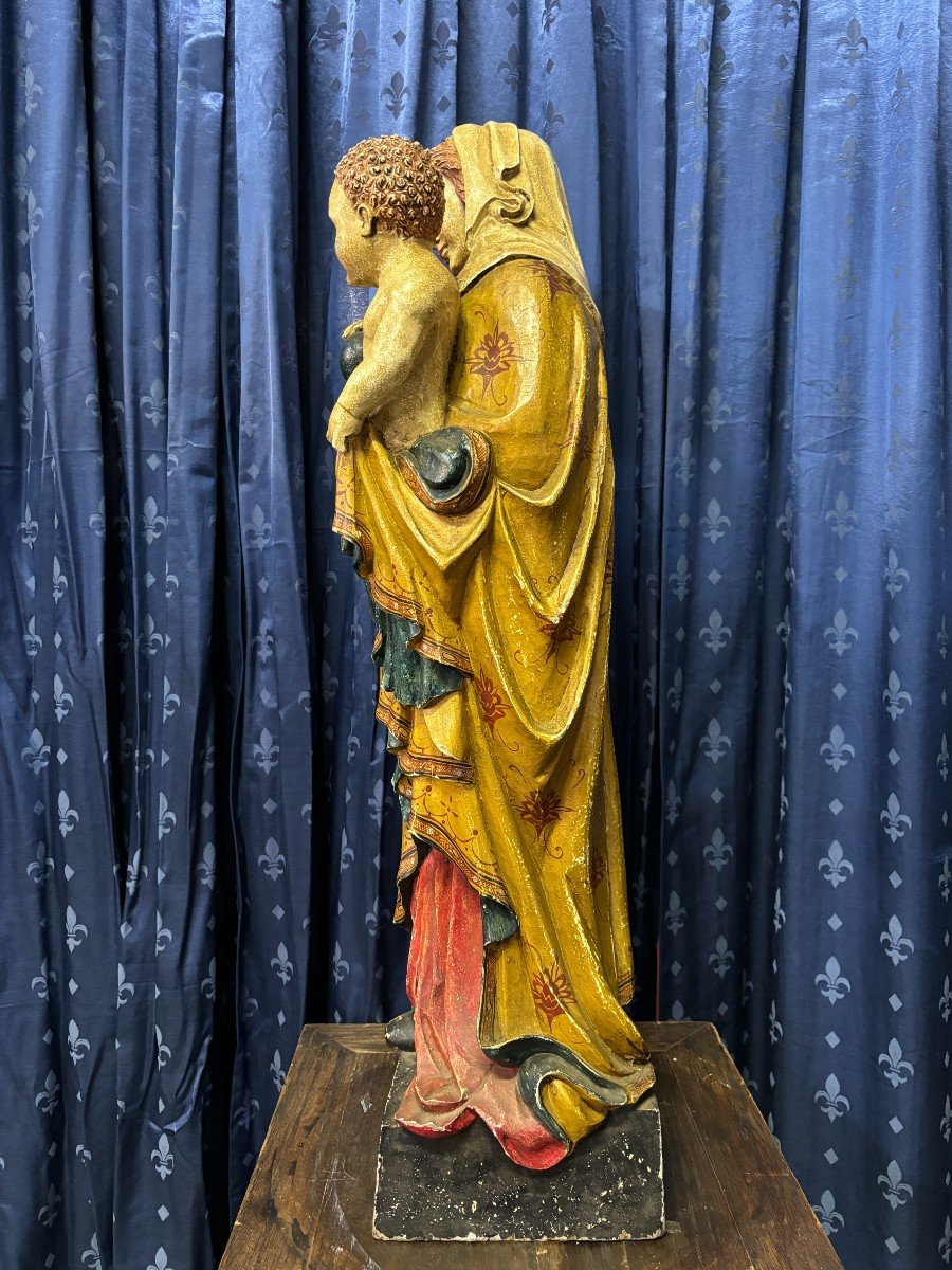 Polychrome Wooden Sculpture Madonna And Child 19th Century. (88 Cm)-photo-4