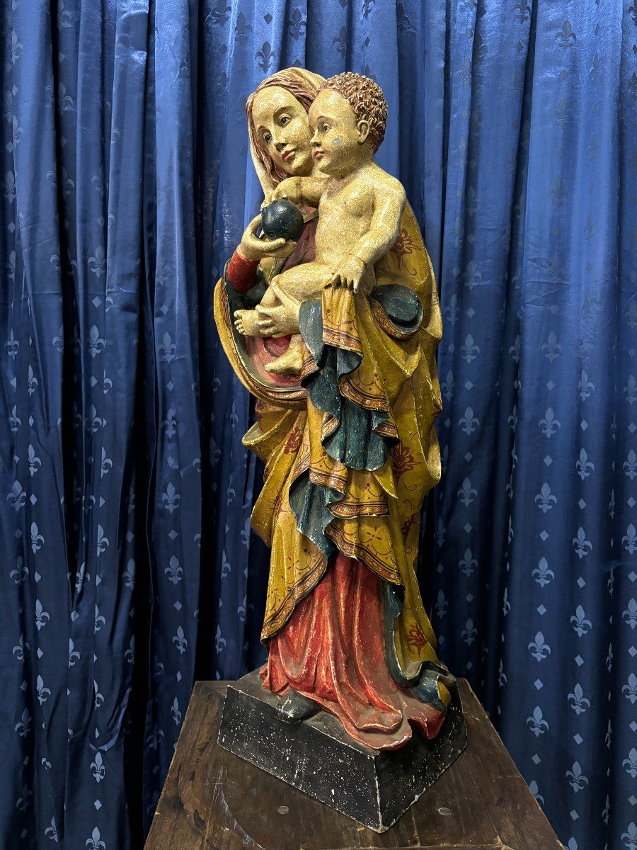 Polychrome Wooden Sculpture Madonna And Child 19th Century. (88 Cm)-photo-5