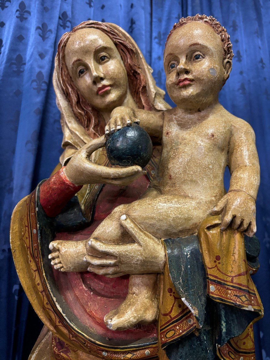 Sculpture En Bois Polychrome Madone Et Enfant 19ème. ( 88 Cm )-photo-7