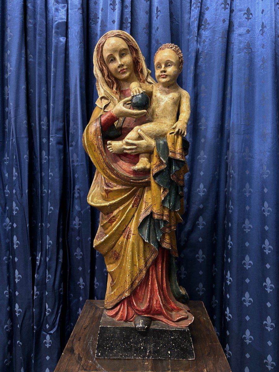 Sculpture En Bois Polychrome Madone Et Enfant 19ème. ( 88 Cm )