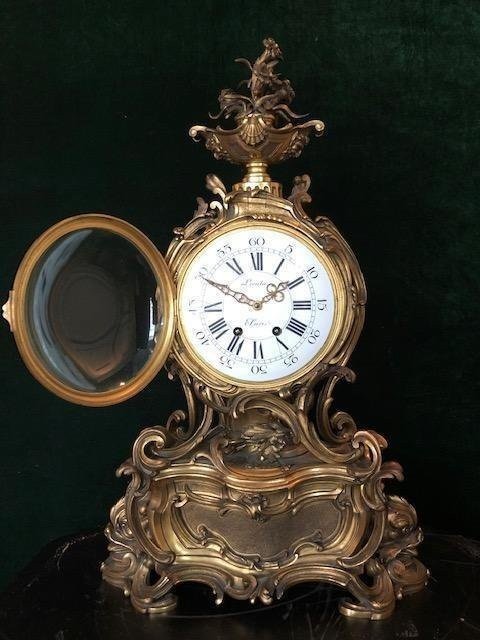 Large Louis XV Style Bronze Clock, Paris 19th Century.-photo-3