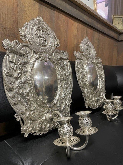 Pair Of 19th Century Silver Metal Wall Sconces / Candle Holders.-photo-2