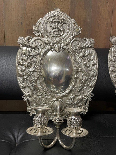 Pair Of 19th Century Silver Metal Wall Sconces / Candle Holders.-photo-3