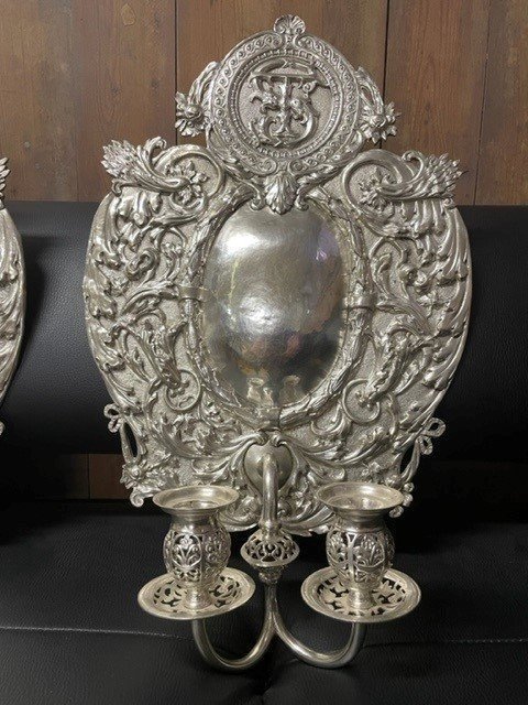 Pair Of 19th Century Silver Metal Wall Sconces / Candle Holders.-photo-4