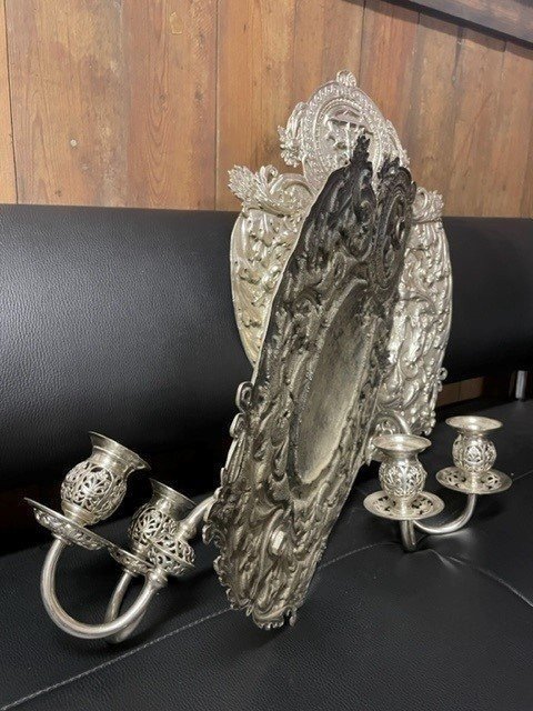 Pair Of 19th Century Silver Metal Wall Sconces / Candle Holders.-photo-5