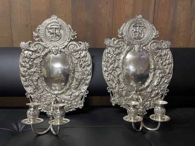 Pair Of 19th Century Silver Metal Wall Sconces / Candle Holders.-photo-8