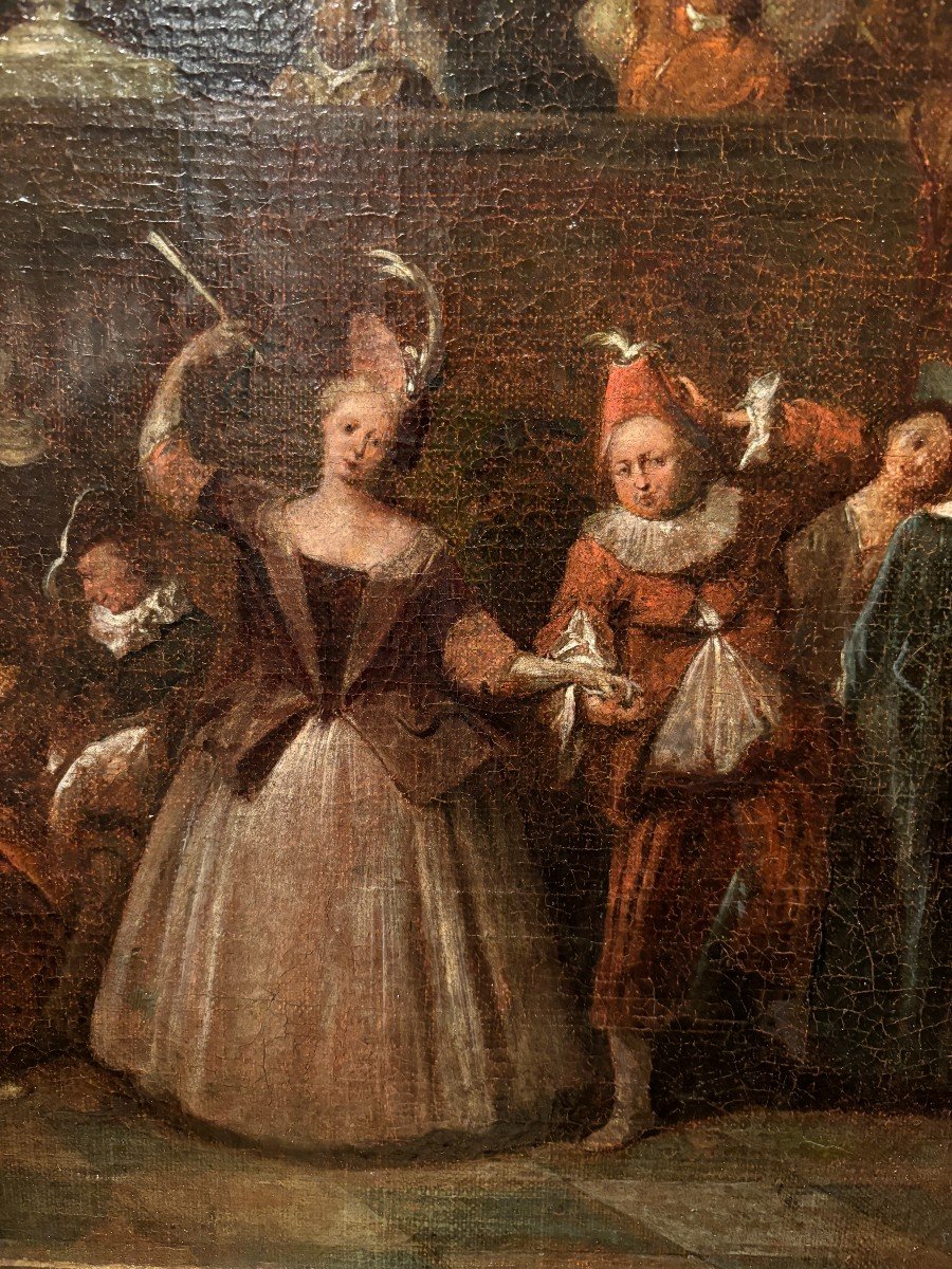 Tableau Du 18ème Siècle « Scène De Danse Avec Arlequin » Huile Sur Toile.-photo-4