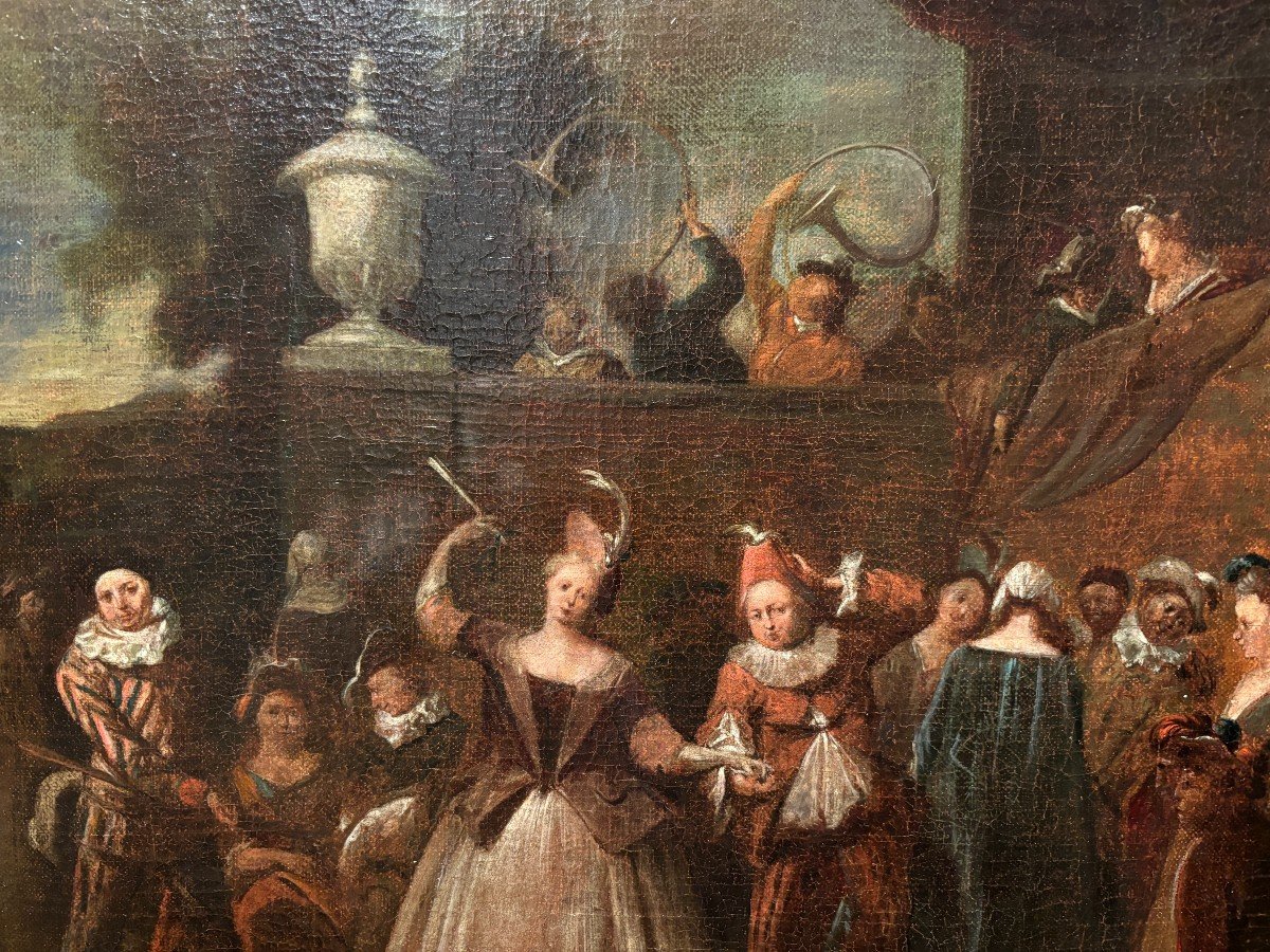 Tableau Du 18ème Siècle « Scène De Danse Avec Arlequin » Huile Sur Toile.-photo-3