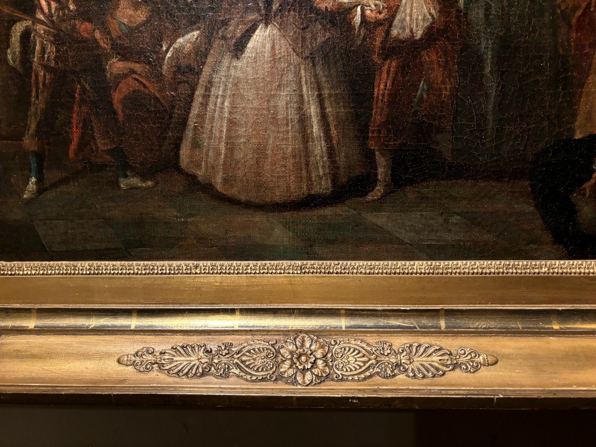 Tableau Du 18ème Siècle « Scène De Danse Avec Arlequin » Huile Sur Toile.-photo-4