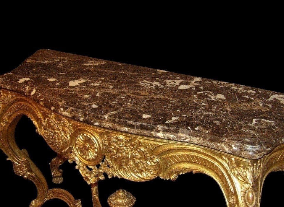 Grande Console à 4 Pieds De Style Louis XV En Bois Doré 19ème.-photo-1