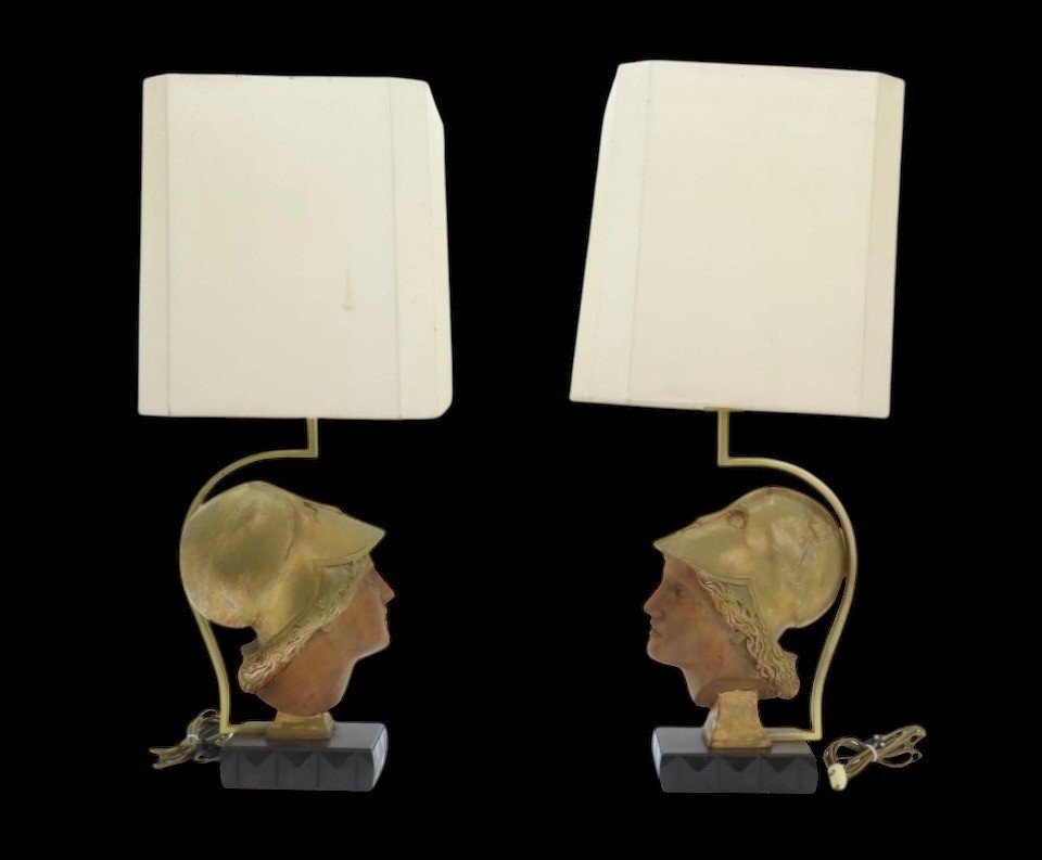 Pair Of Decorative Wooden “head Of Athena” Floor Lamps, 20th Century.-photo-2