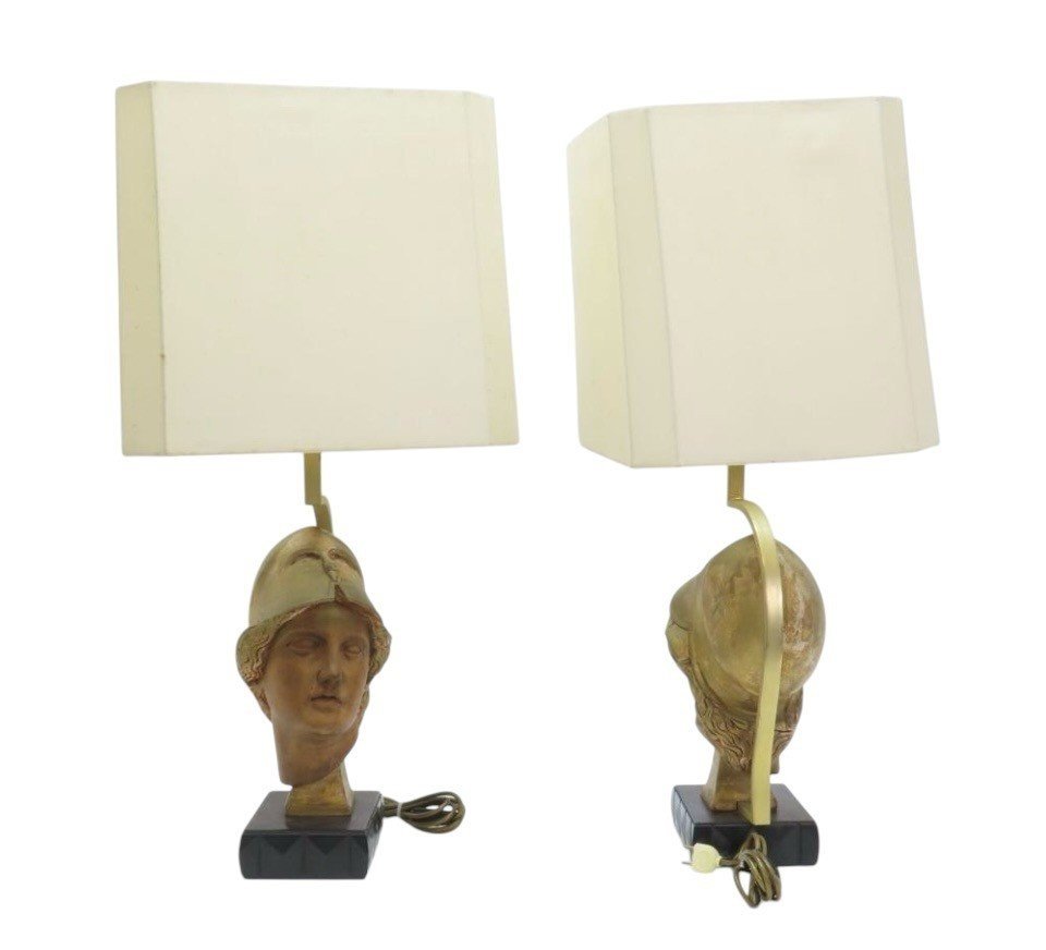 Pair Of Decorative Wooden “head Of Athena” Floor Lamps, 20th Century.-photo-5