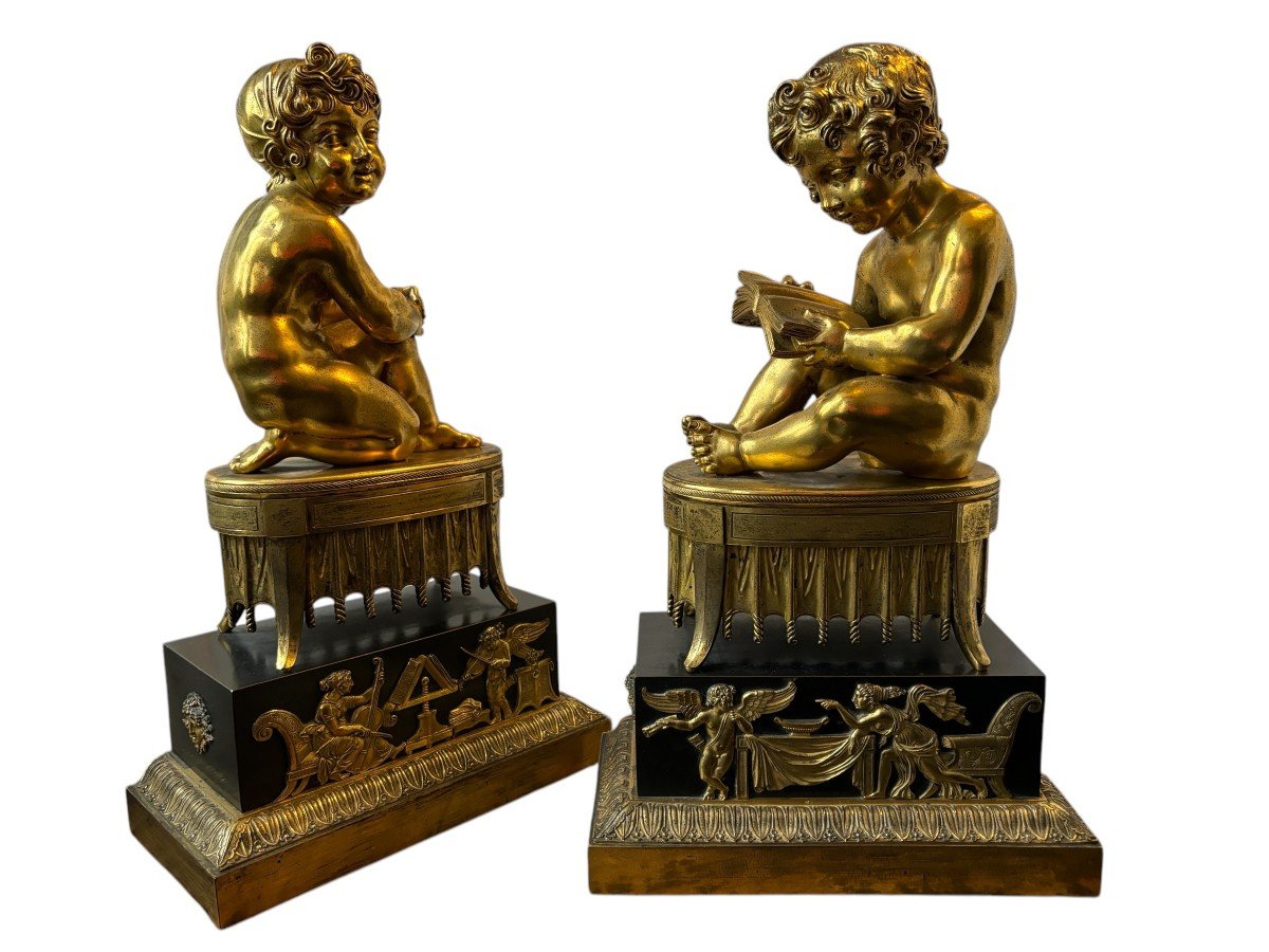 Pair Of Gilded And Patinated Bronze Sculptures, Early 19th Century.-photo-2