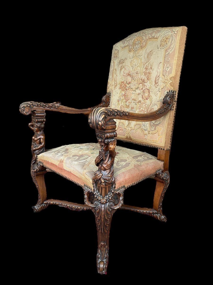 Large "2 Sculptures" Armchair In Walnut With Gobelain Fabric 19th Century.-photo-3