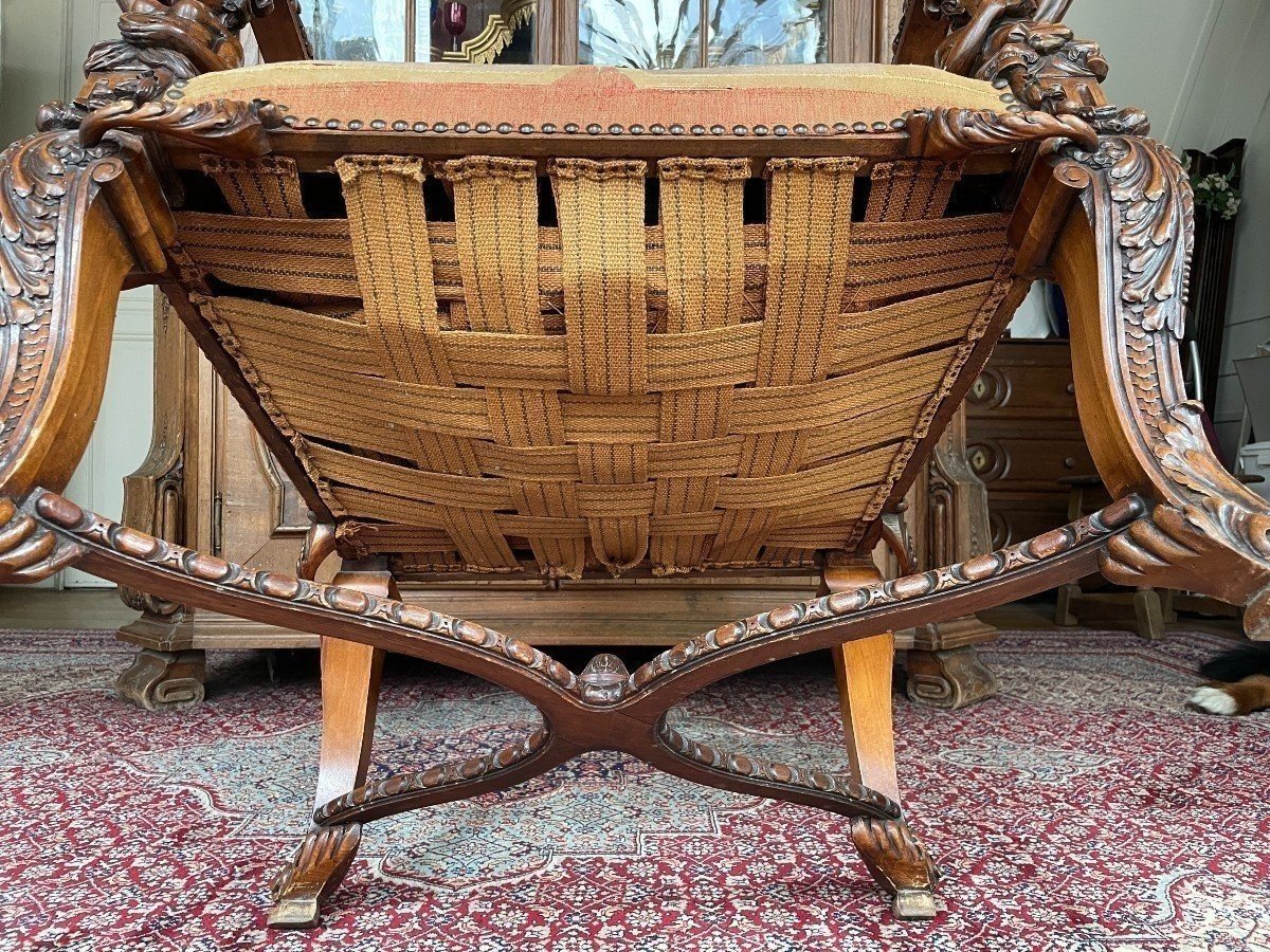 Large "2 Sculptures" Armchair In Walnut With Gobelain Fabric 19th Century.-photo-6