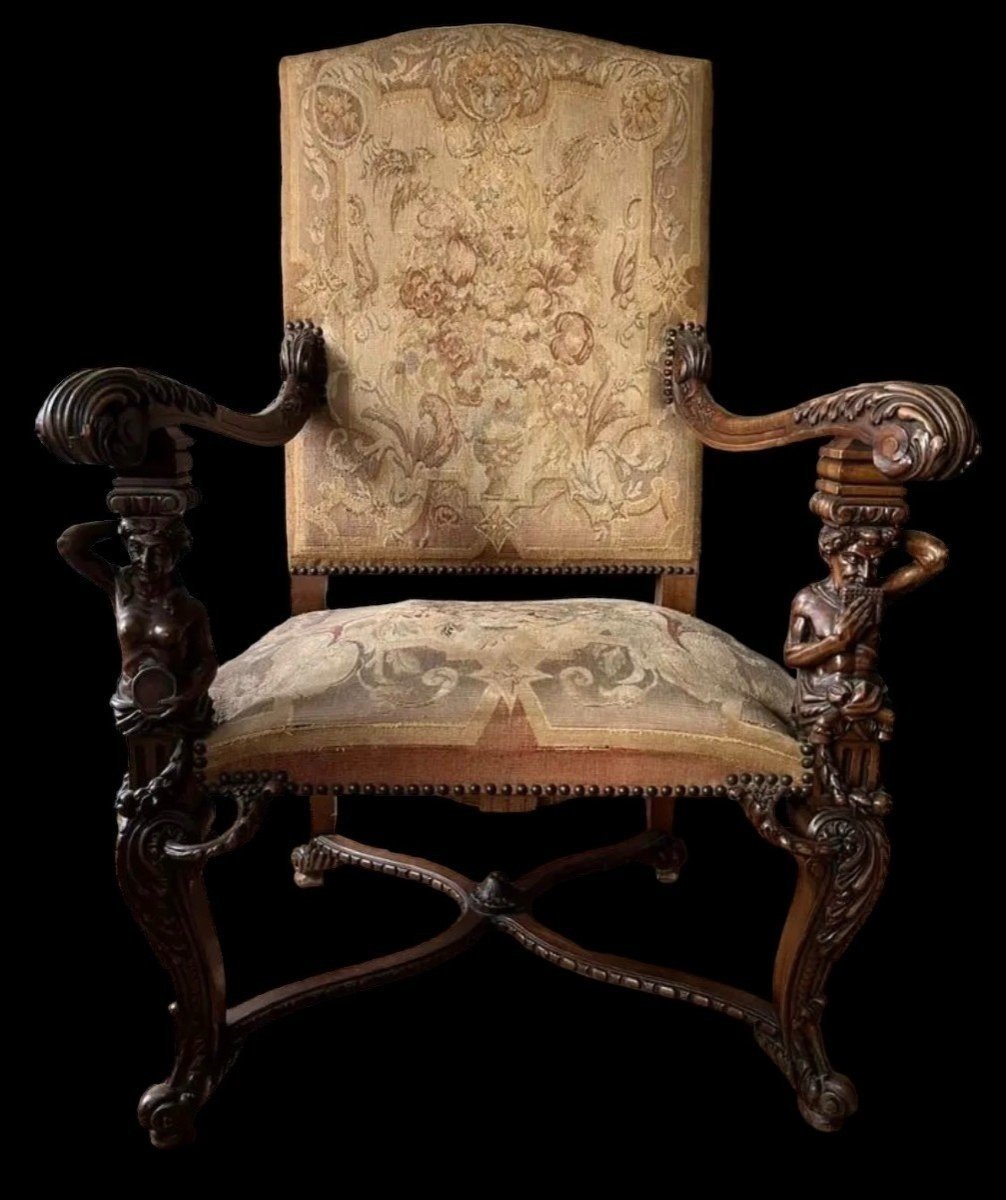 Large "2 Sculptures" Armchair In Walnut With Gobelain Fabric 19th Century.-photo-7