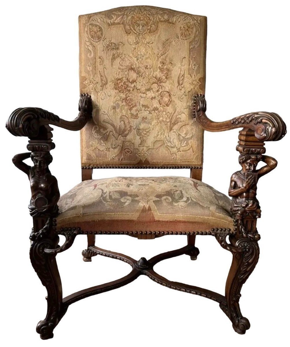 Large "2 Sculptures" Armchair In Walnut With Gobelain Fabric 19th Century.-photo-8