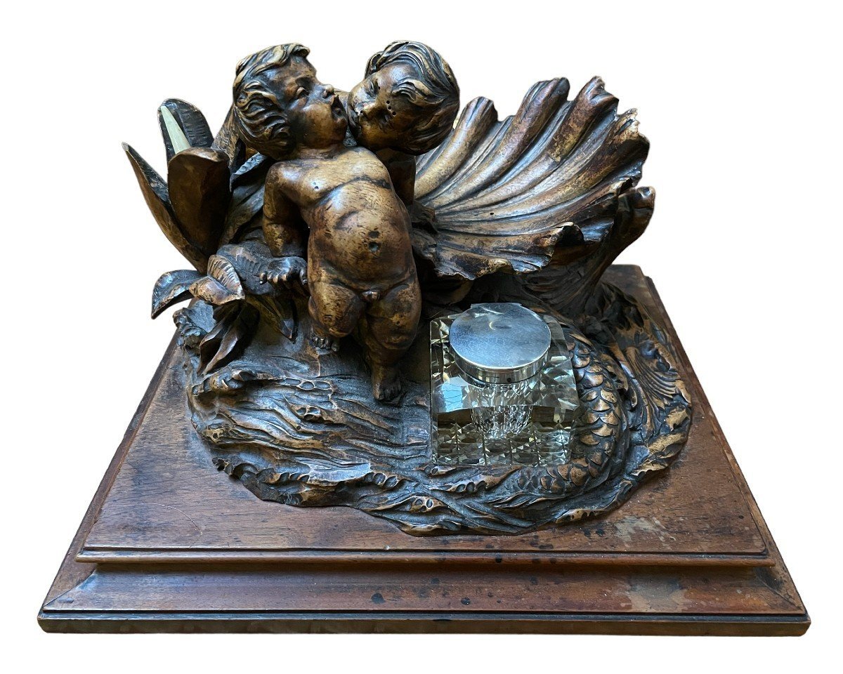 Beautiful Inkwell "2 Putti With Fish" In Walnut 19thc.-photo-4