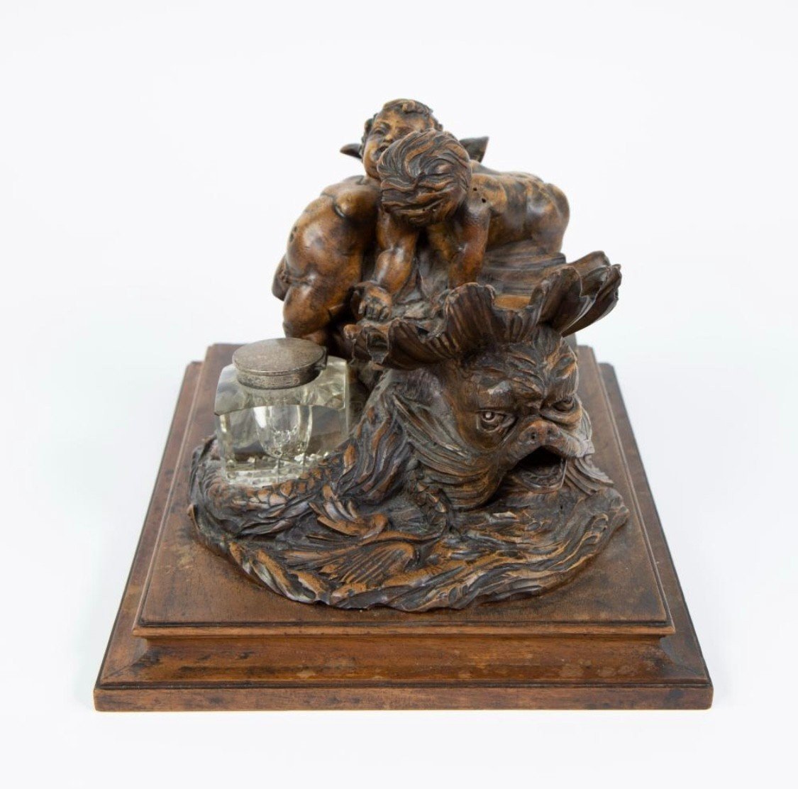 Beautiful Inkwell "2 Putti With Fish" In Walnut 19thc.-photo-1