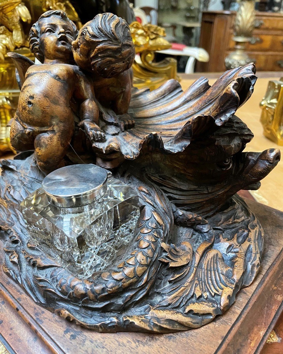 Beautiful Inkwell "2 Putti With Fish" In Walnut 19thc.-photo-2